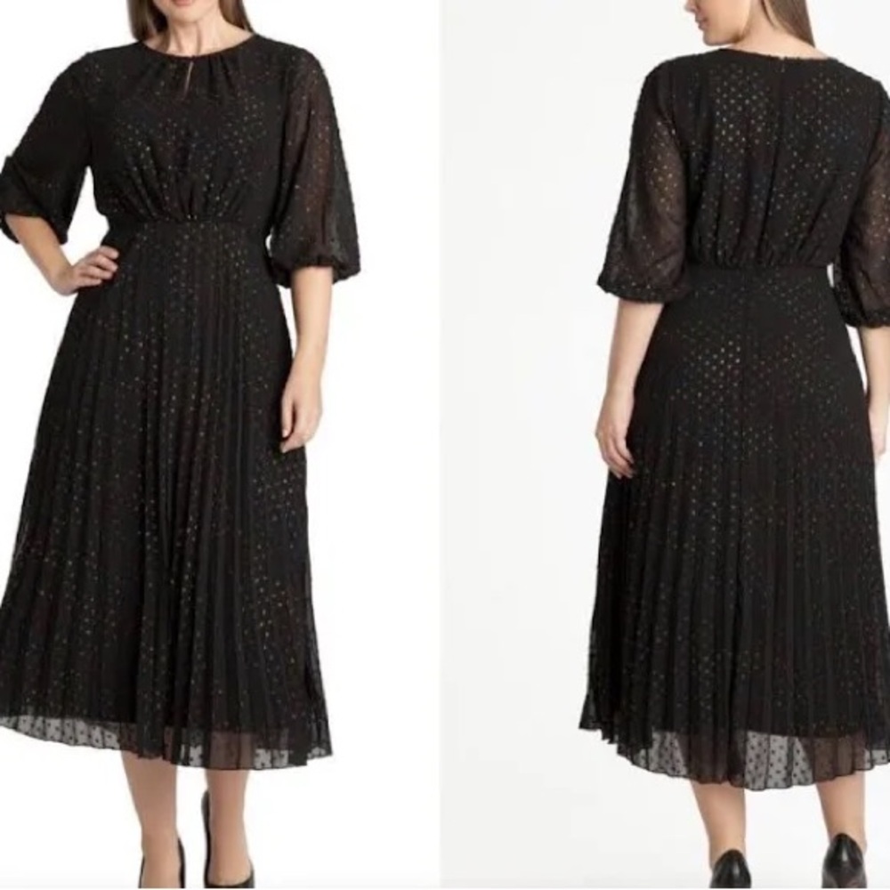 Adyson Parker rainbow pleated clip dot Black dress with Bishop 1/2 Sleeves midi